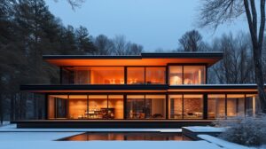 Modern house in winter with warm interior lighting and large glass windows surrounded by snow-covered trees.