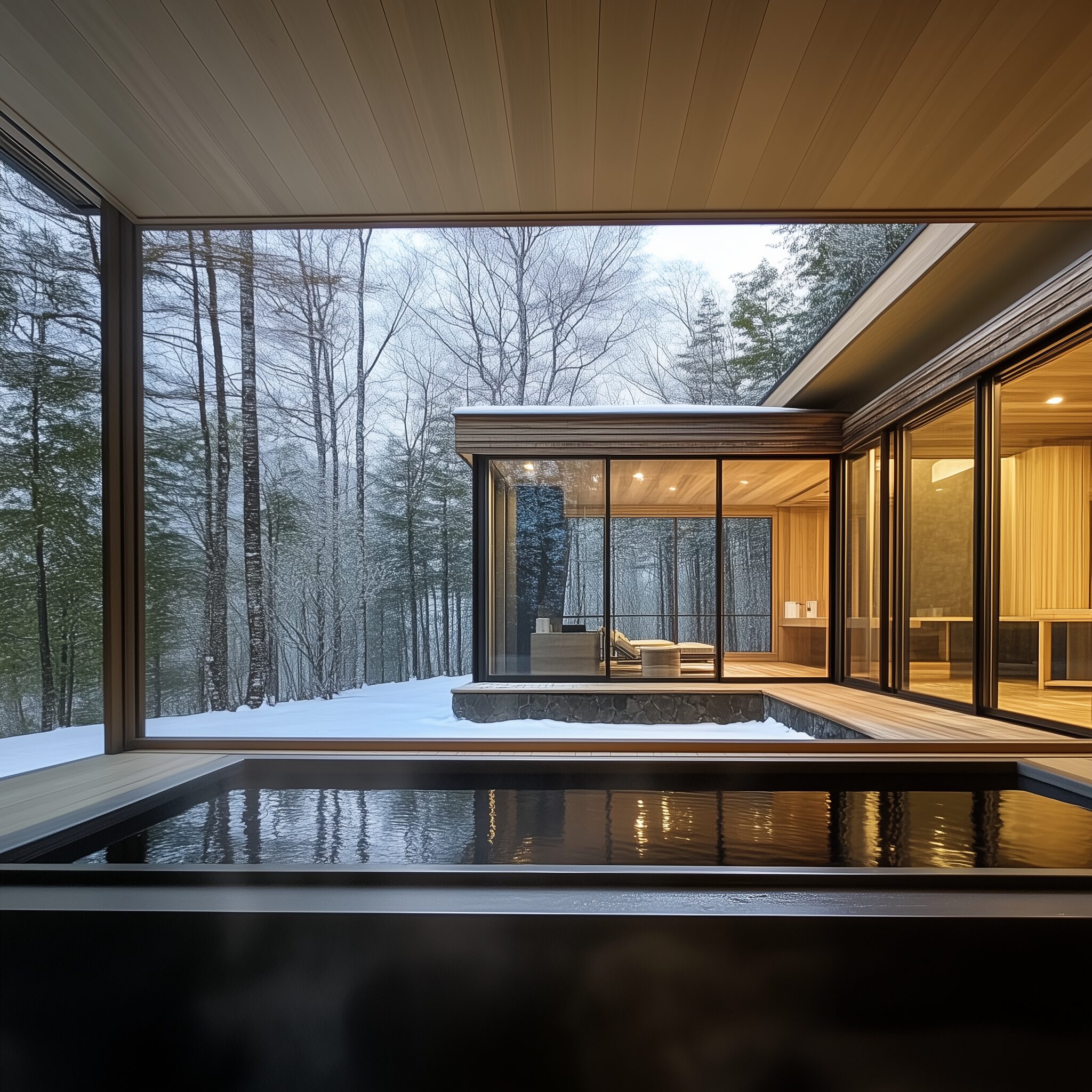 Luxury onsen-style villa with indoor-outdoor hot spring view and winter forest.