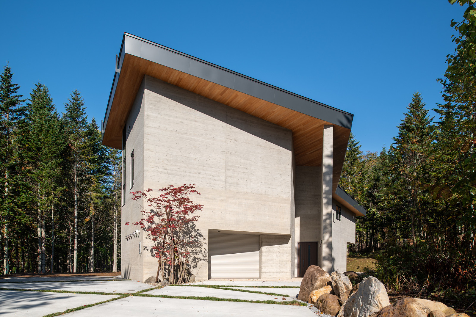 Contemporary concrete home with a slanted roof surrounded by forest in autumn.